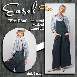 EASEL "Here I Am" Mineral Washed Wide Leg Jumpsuit Adjustable Tie Straps Pockets